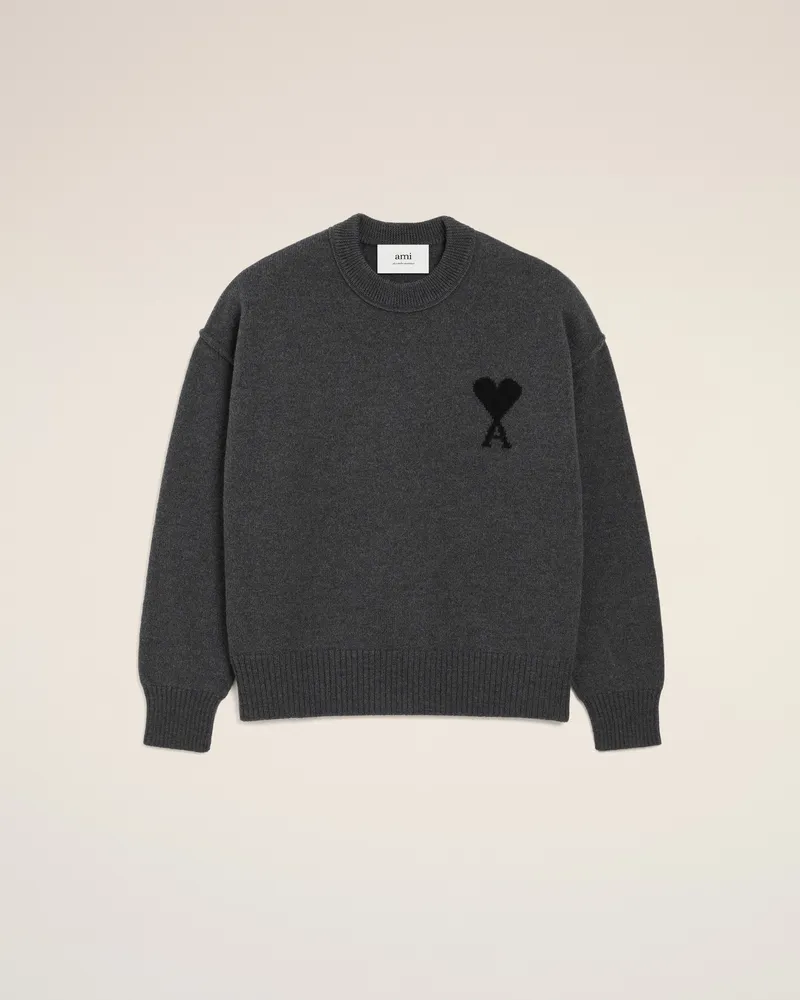 AMI Paris Ami De Coeur Pullover mit Rundhalsausschnitt aus grauer Wolle Grau Unisex Heather
