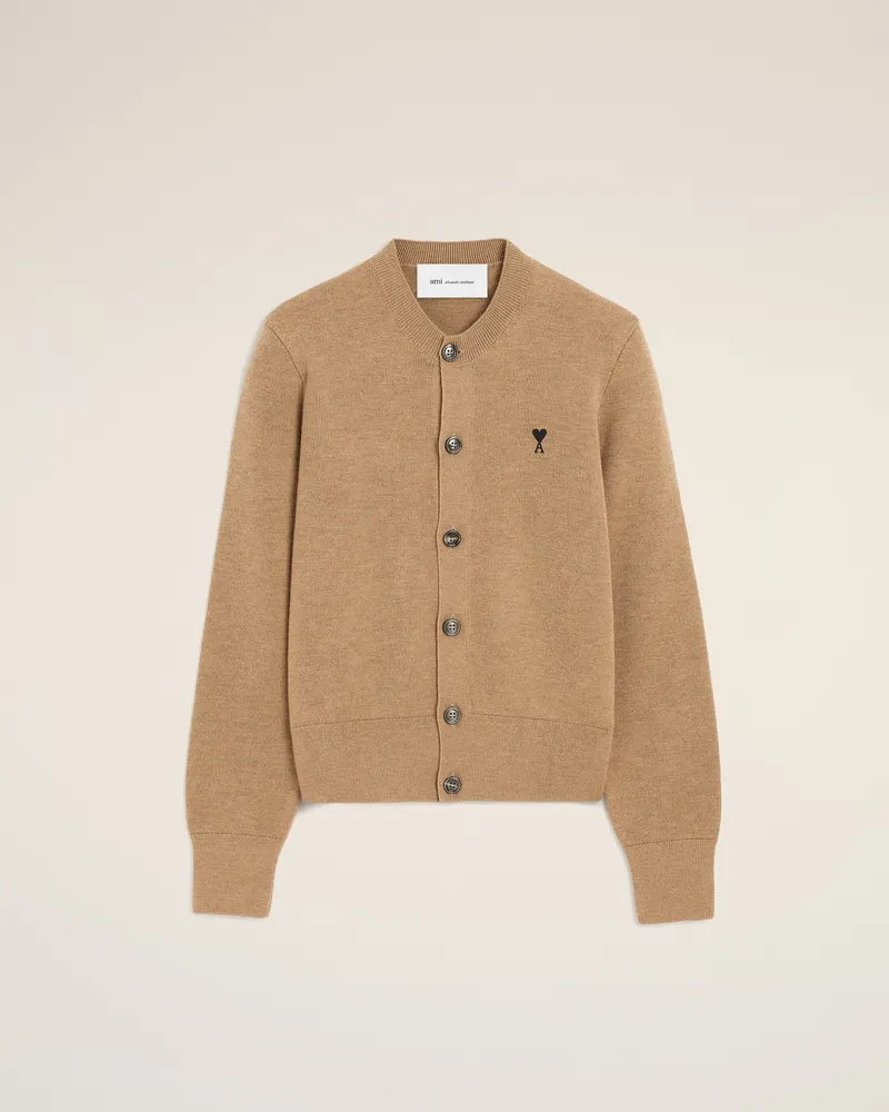 AMI Paris Ami de Coeur Cardigan aus beiger Wolle mit Rundhalsausschnitt Rot - Größe für Damen Camel