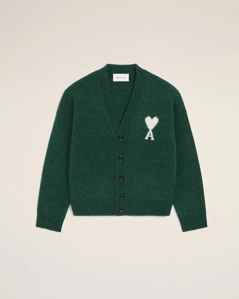 AMI Paris Ami de Coeur Cardigan aus grüner Alpakawolle Grün Unisex Flaschengrün