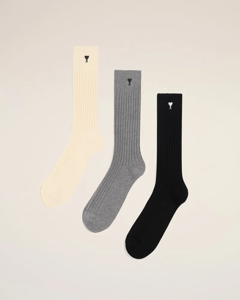 AMI Paris Dreierpack schwarze Ami De Coeur Socken aus Baumwolle Mehrfarbig Unisex Ecru