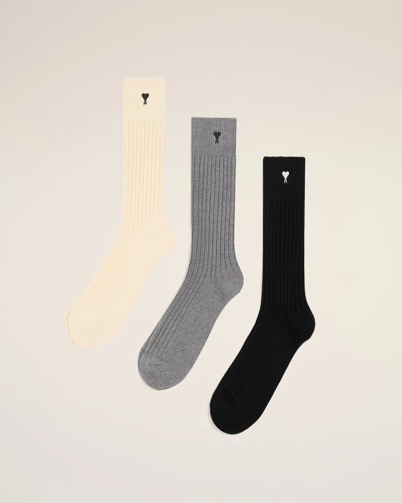 AMI Paris Dreierpack schwarze Ami De Coeur Socken aus Baumwolle Mehrfarbig Unisex Ecru