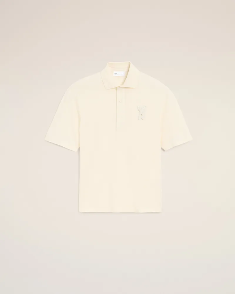 AMI Paris Weißes Baumwoll-Polohemd mit gestricktem Ami De Coeur Aufnäher Weiß Unisex Weiss