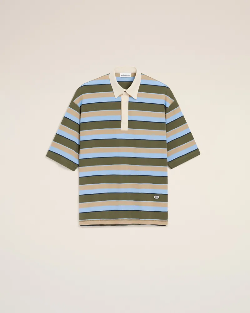 AMI Paris Blau gestreiftes Baumwoll-Polohemd mit Ami Aufnäher Blau Unisex Blau