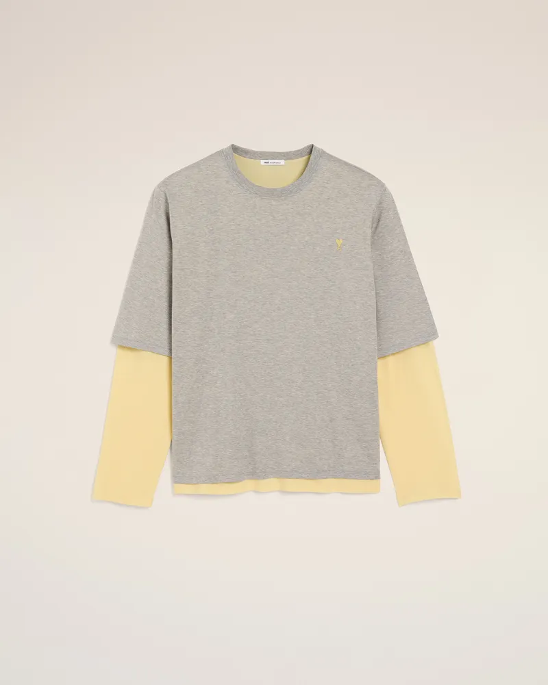 AMI Paris Ami de Coeur T-Shirt aus grauer Baumwolle mit Double-Sleeve-Effekt Grau für Herren Helles