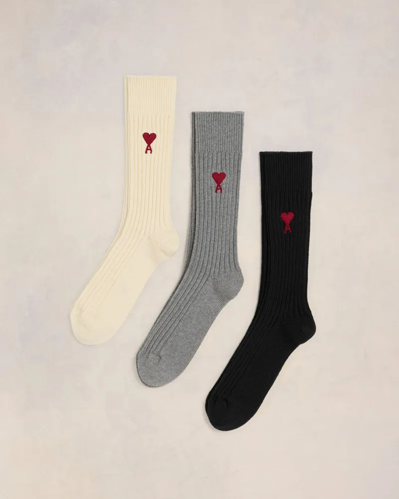 AMI Paris Dreierpack Socken aus dreifarbiger Baumwolle Weiß Unisex Off-weiss
