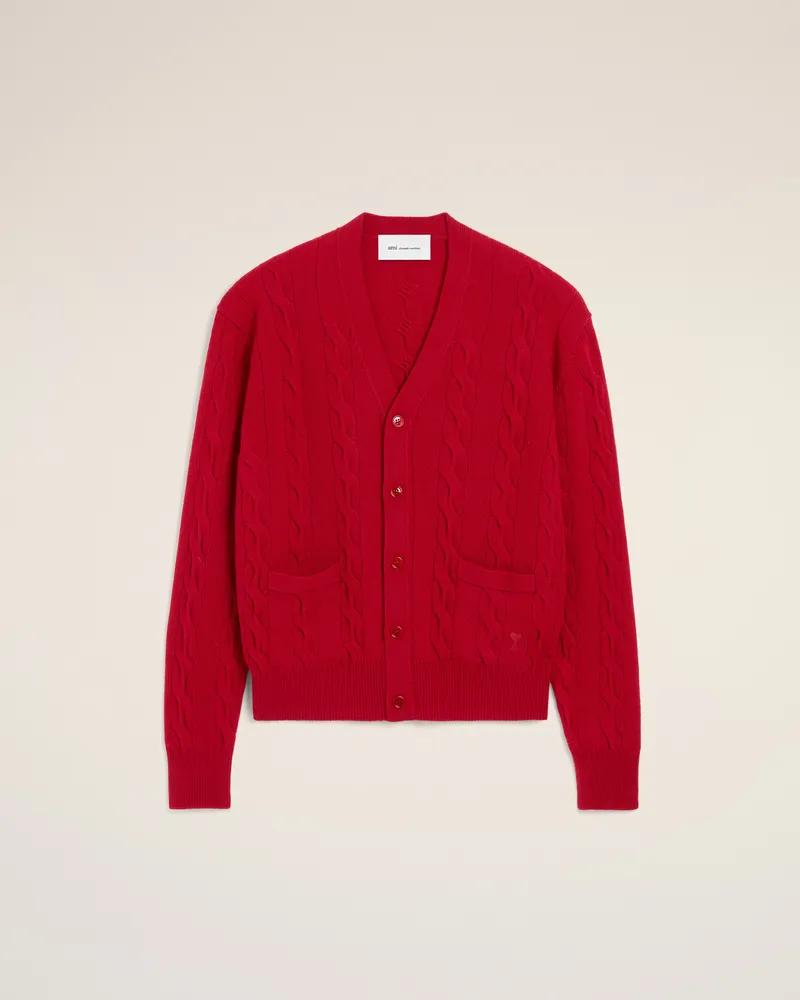 AMI Paris Cardigan aus roter, kabelgestrickter Wolle Rot - Größe Unisex Rubinrot