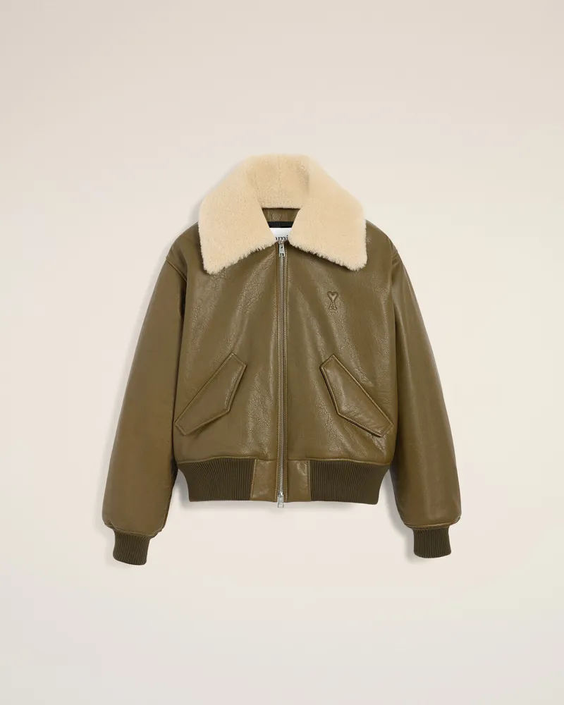 AMI Paris Grüne Lederjacke mit Reißverschluss Grün für Herren Bronze