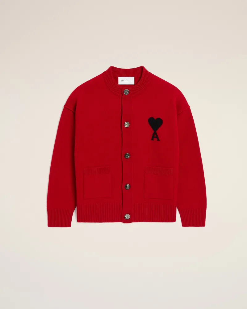 AMI Paris Ami de Coeur Cardigan aus roter Wolle mit Rundhalsausschnitt Rot - Größe Unisex Rubienrot