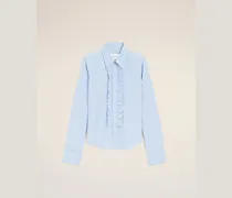 Blaues Baumwollhemd mit Rüschen und langen Ärmeln, tailliert Blau für Damen