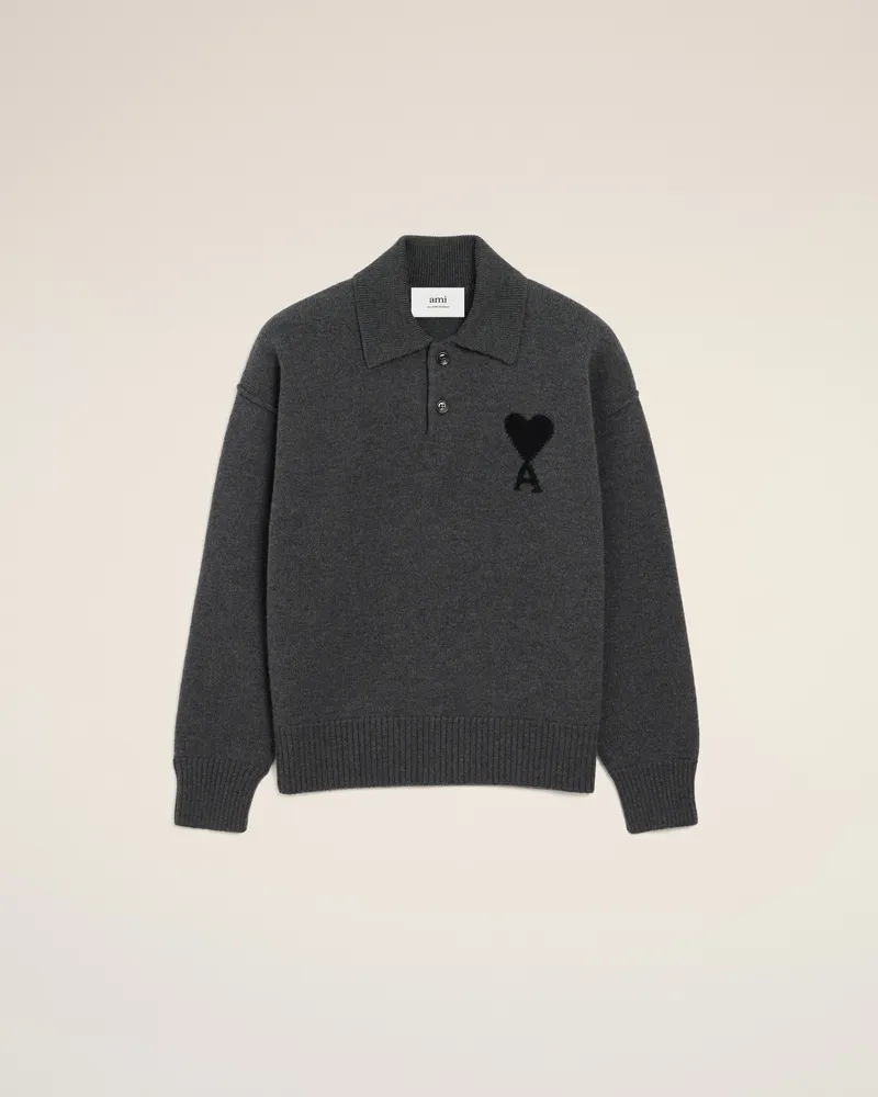 AMI Paris Ami De Coeur Polohemd aus grauer Wolle Grau Unisex Heather