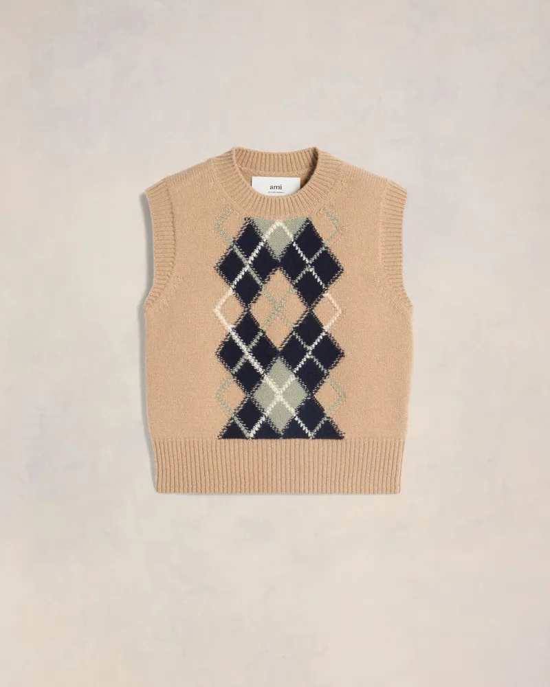 AMI Paris Argyle Pullover ohne Ärmel Beige - Größe für Damen Nude