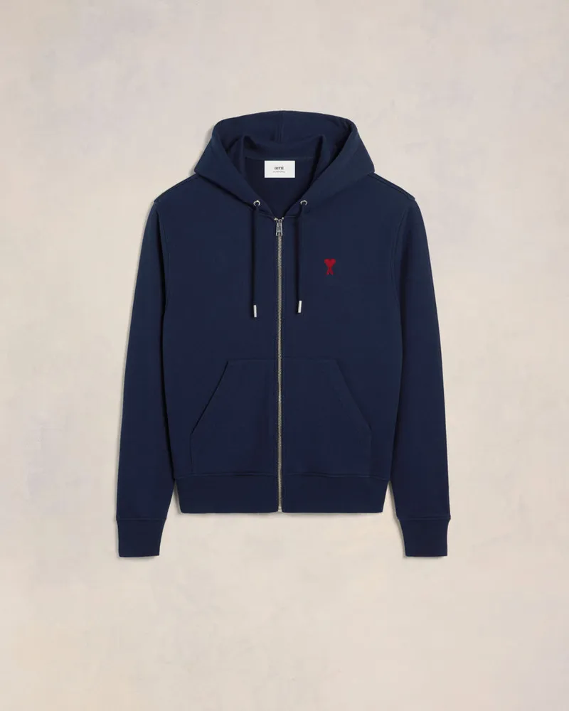 AMI Paris Blauer Ami De Coeur Kapuzenpullover aus Bio-Baumwolle mit Reißverschluss Blau Unisex Nachtblau