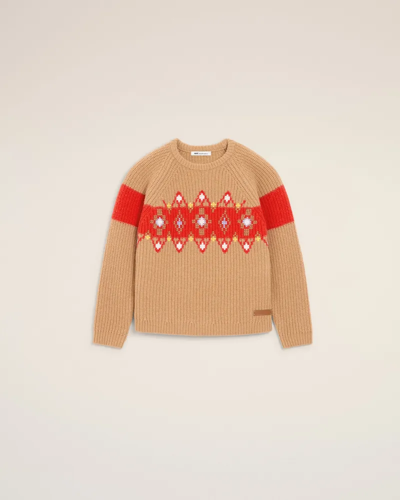 AMI Paris Pullover mit Rundhalsausschnitt aus brauner Wolle mit Kreuzstich Braun - 8 Jahre - Kinder Camel