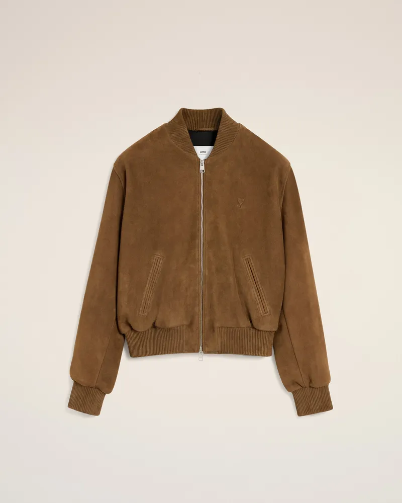 AMI Paris Braune Lederjacke mit Reißverschluss Grau für Herren Hazelnut