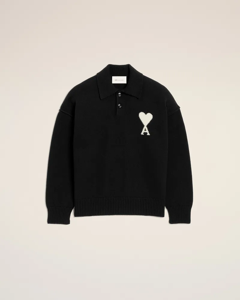 AMI Paris Ami de Coeur Poloshirt aus schwarzer Wolle Schwarz Unisex Schwarz