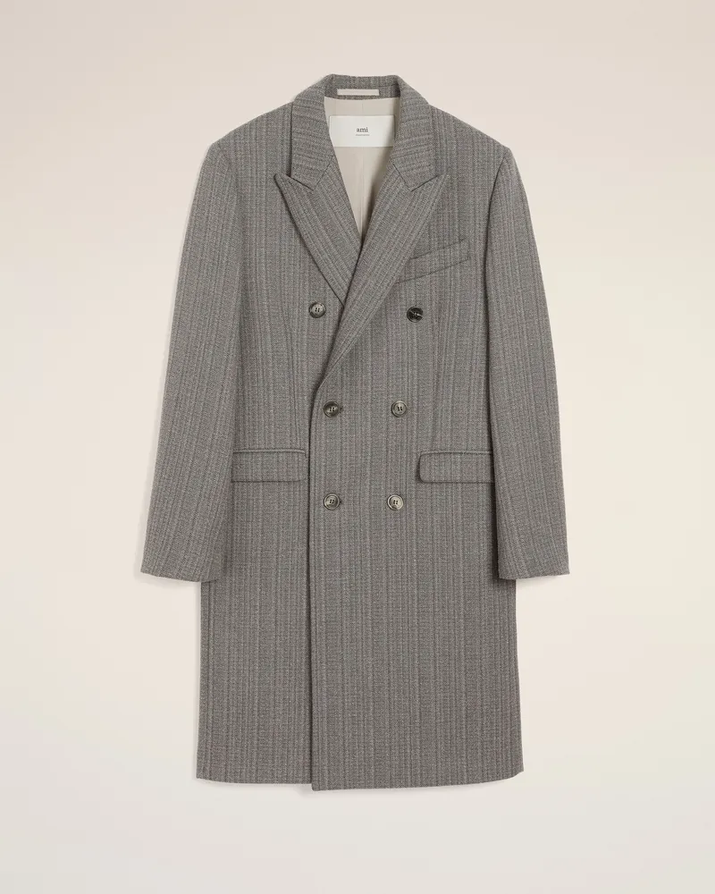 AMI Paris Zweireihiger Mantel aus grauer Wolle mit Fischgrätmuster Grau für Herren Grau