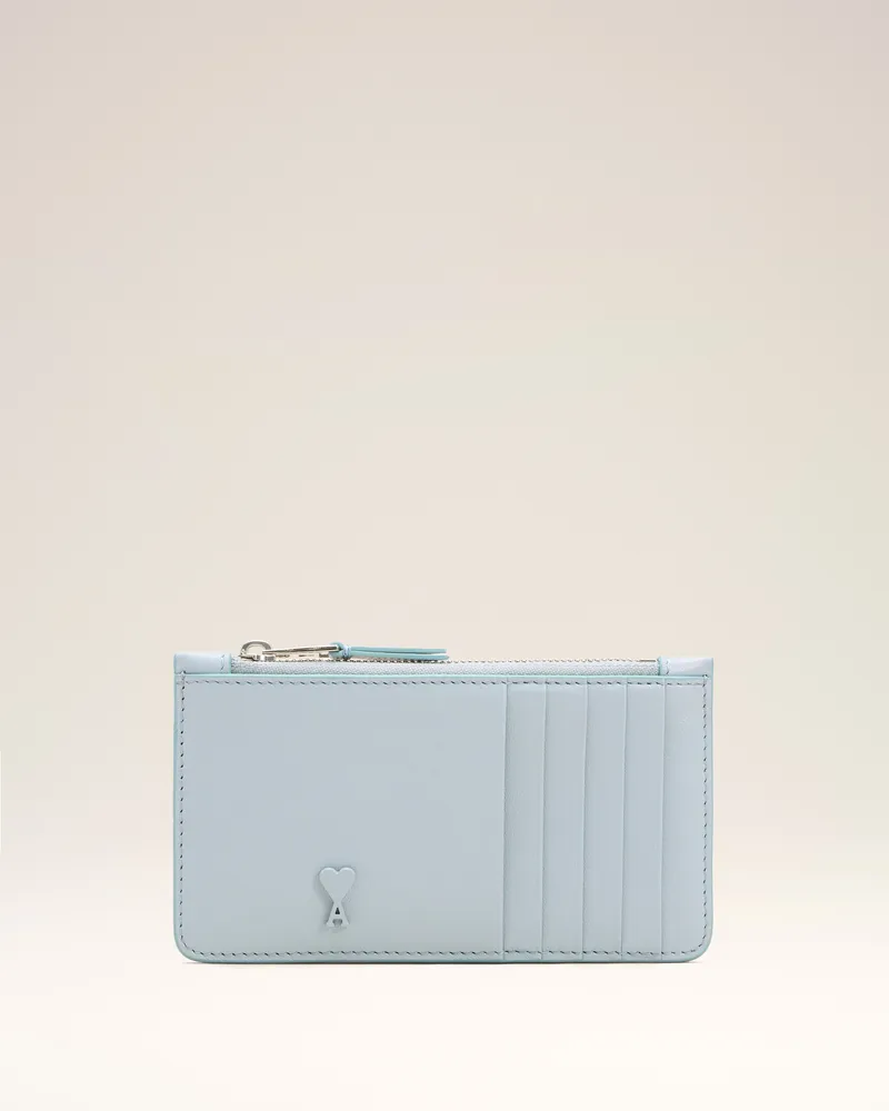 AMI Paris Ami De Coeur Kartenetui aus blauem Glattleder mit Reißverschluss Blau Unisex Sky