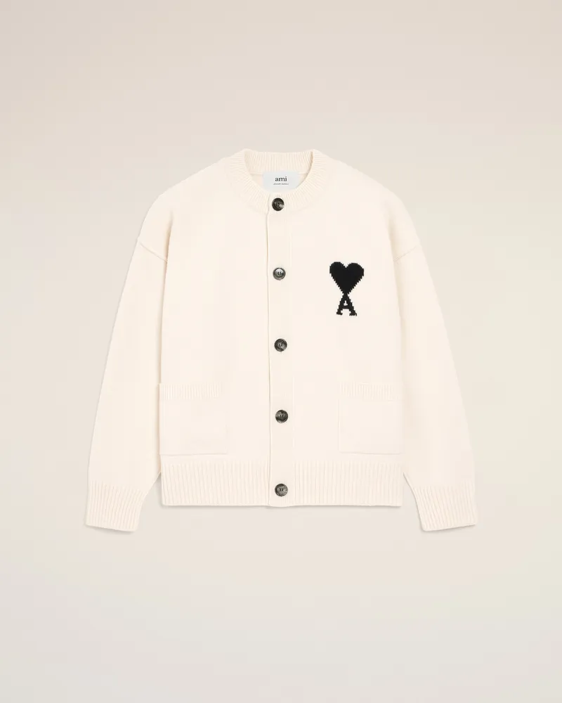 AMI Paris Ami De Coeur Cardigan aus weißer Wolle Weiß Unisex Offweiss