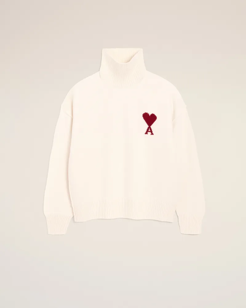 AMI Paris Ami de Coeur Pullover aus naturfarbener Wolle mit Funnelkragen Weiß Unisex Off