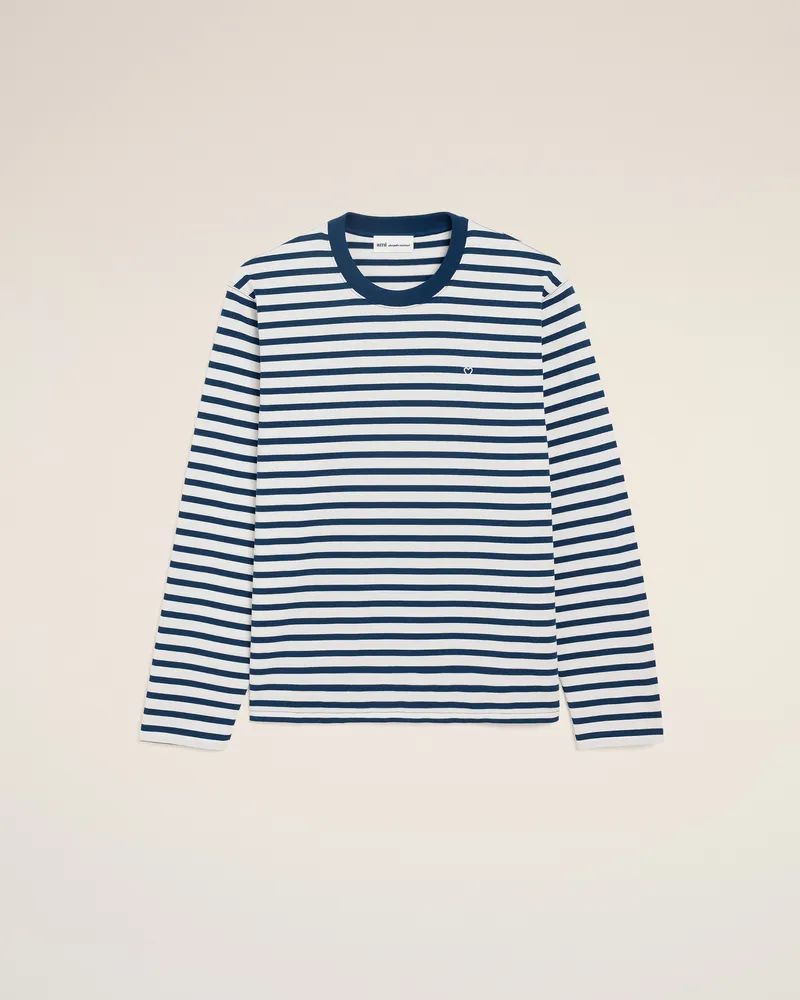 AMI Paris Blaues Ami de Coeur Marinière-T-Shirt aus Baumwolle mit langen Ärmeln Blau Unisex Tinte