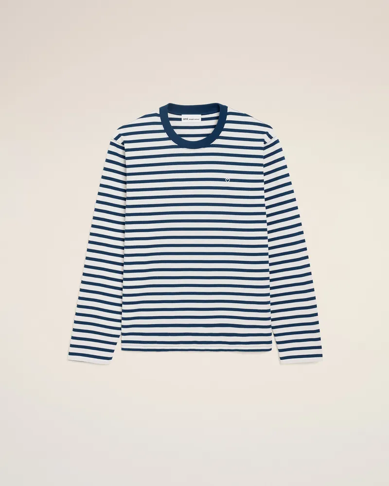 AMI Paris Blaues Ami de Coeur Marinière-T-Shirt aus Baumwolle mit langen Ärmeln Blau Unisex Tinte