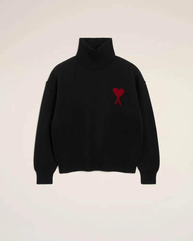 AMI Paris Ami De Coeur Pullover mit hohem Stehkragen aus Wolle in Schwarz Schwarz Unisex Schwarz