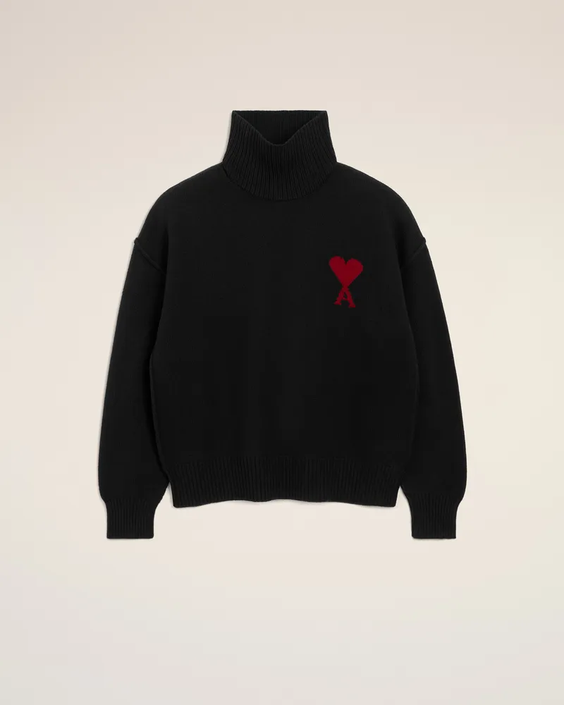 AMI Paris Ami de Coeur Pullover aus schwarzer Wolle mit Funnelkragen Schwarz Unisex Schwarz