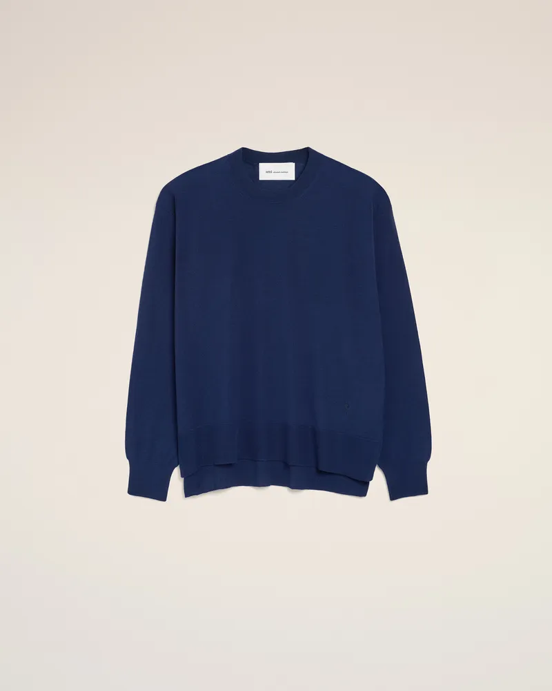 AMI Paris Blauer, dünner Ami De Coeur Wollpullover mit Rundhalsausschnitt Blau Unisex Tinte
