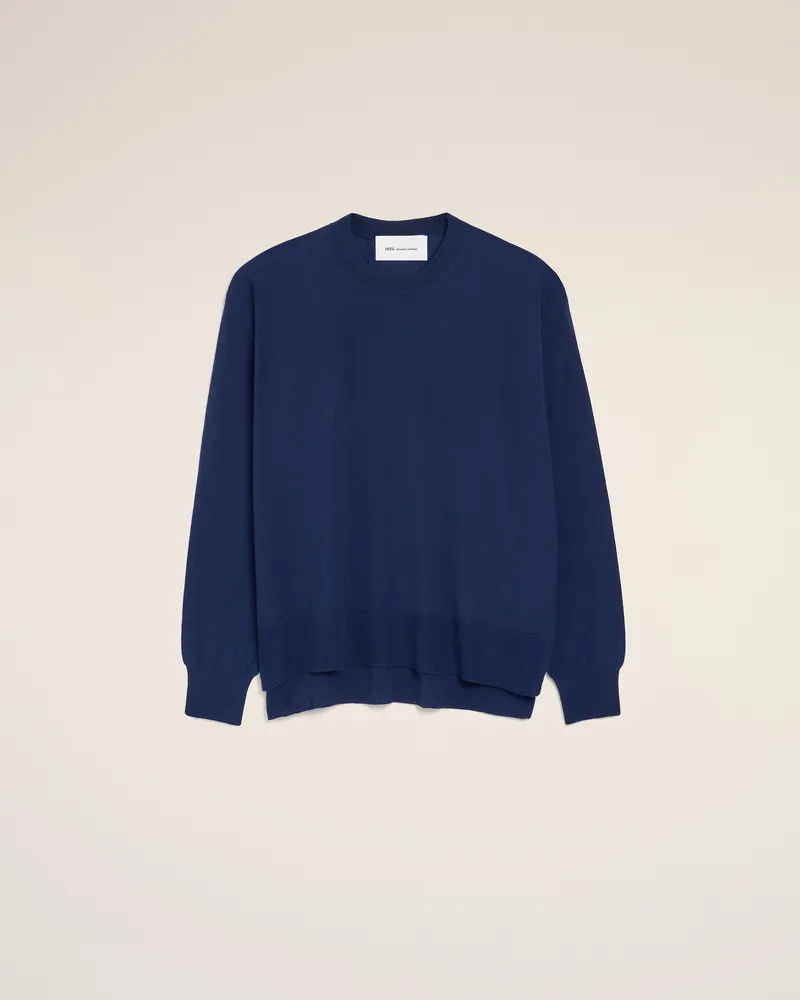 AMI Paris Blauer, dünner Ami De Coeur Wollpullover mit Rundhalsausschnitt Blau Unisex Tinte