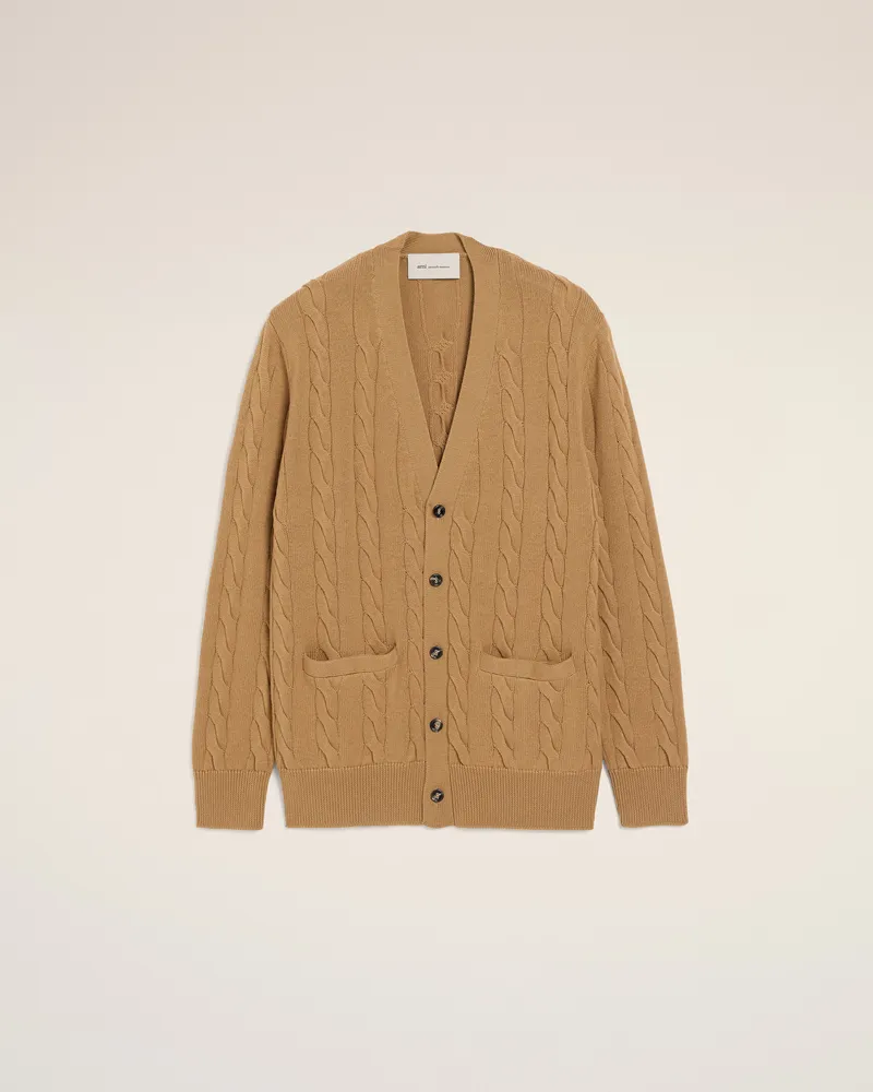 AMI Paris Cardigan aus brauner Wolle und Baumwolle mit Zopfmuster Braun für Herren Camel