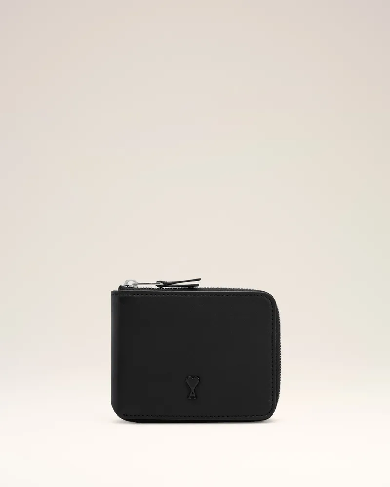 AMI Paris Kompaktes Ami de Coeur Portemonnaie aus schwarzem Glattleder Schwarz Unisex Schwarz