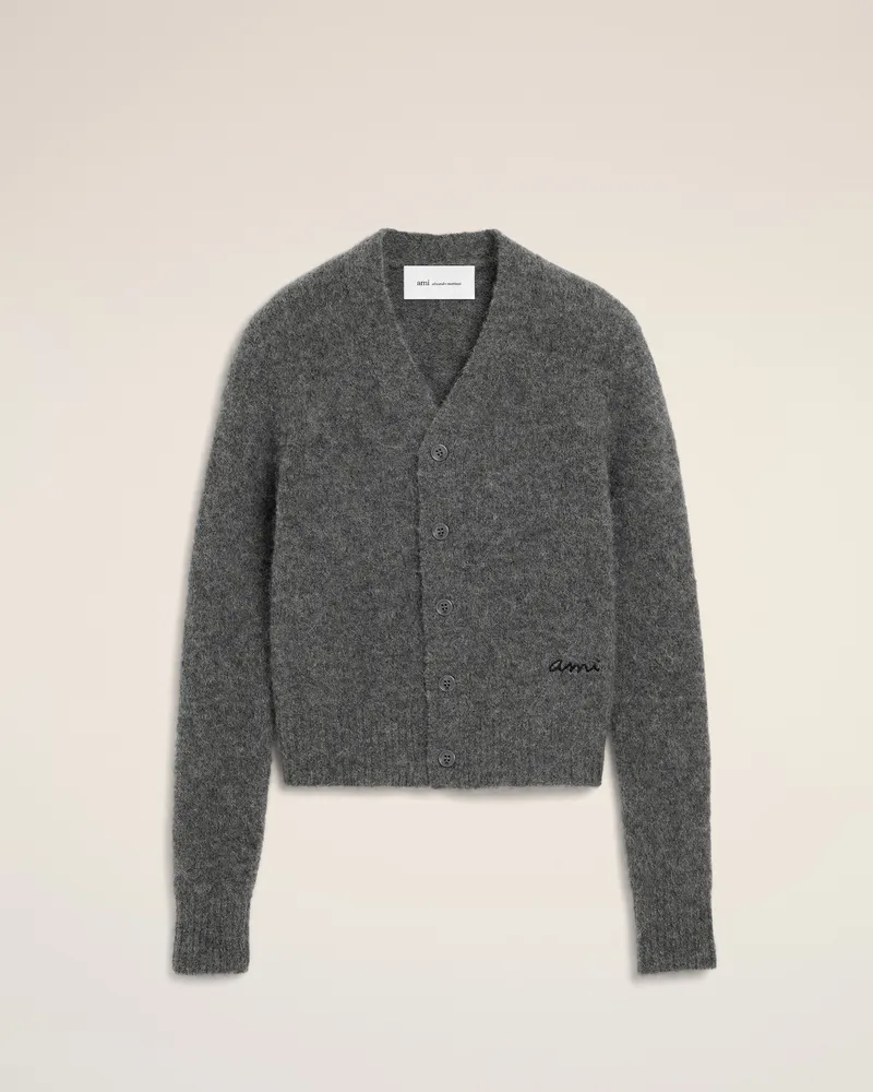 AMI Paris Cardigan aus grauer Wolle und Alpaka mit Ami Stickerei Grau - Größe für Damen Kohlenstoffgrau