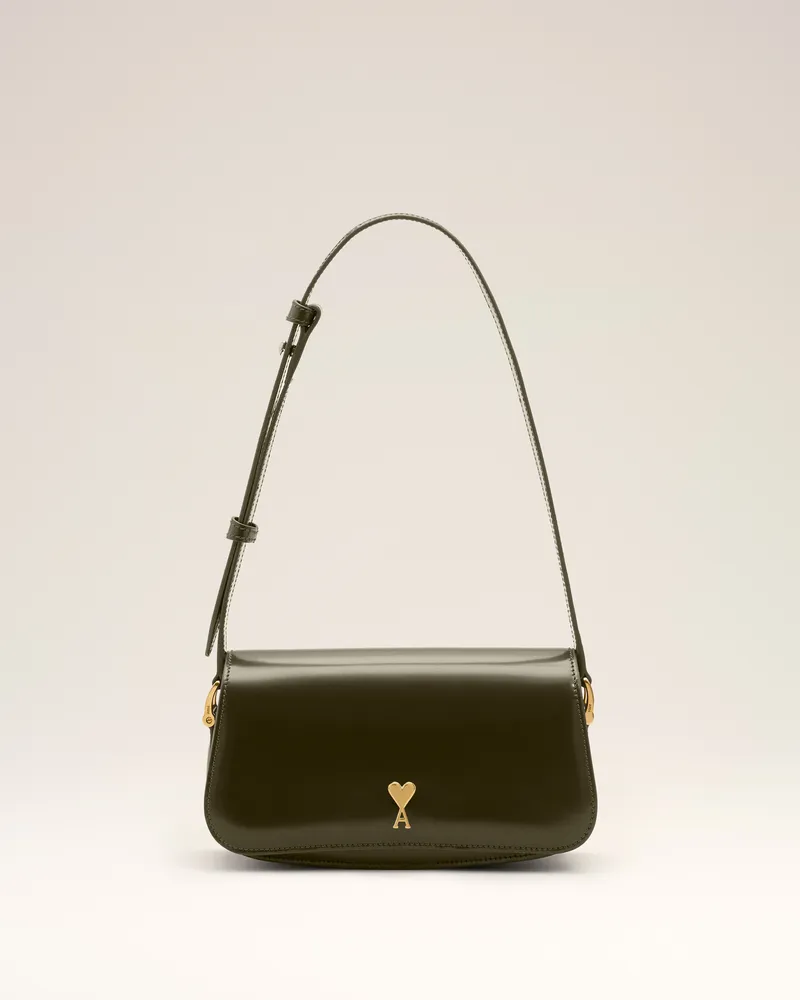 AMI Paris Grüne Paris Paris Rindsleder-Schultertasche Grün Unisex Dunkelkaki