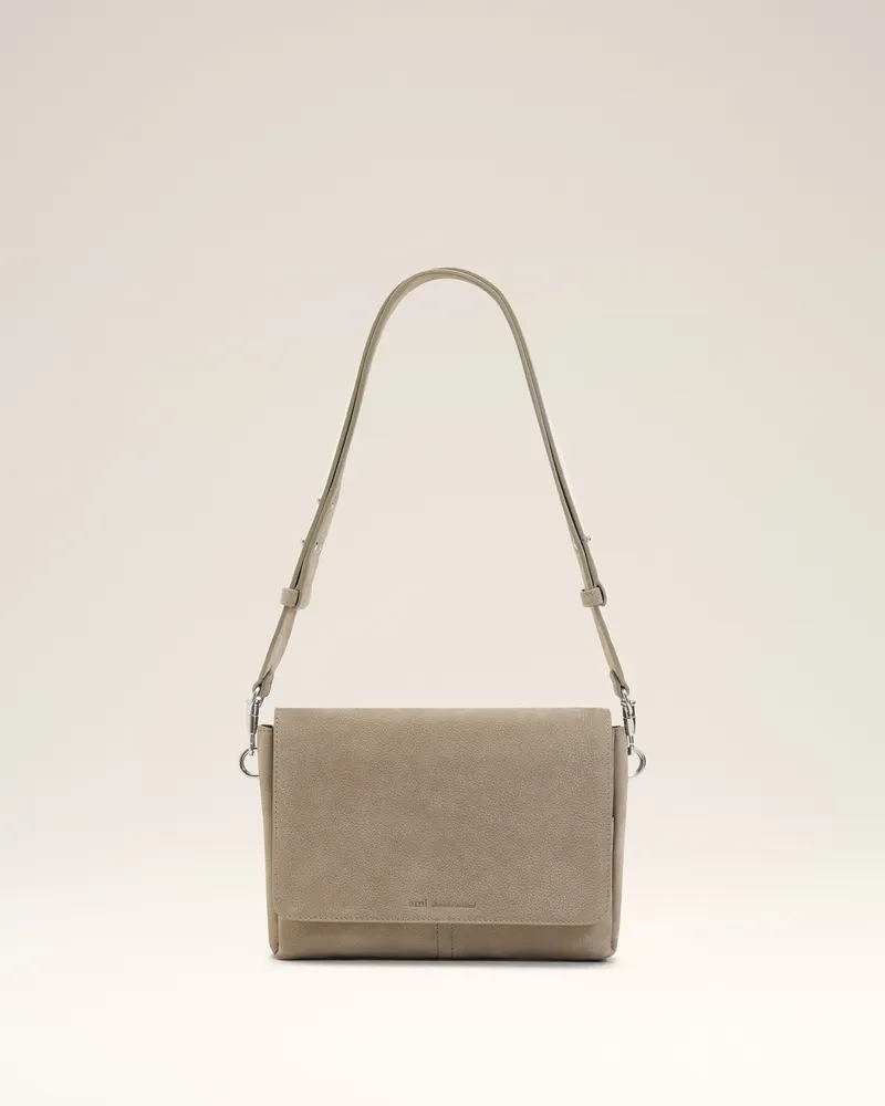 AMI Paris Graue Carrousel Messenger-Tasche mit Überschlag aus Rindsleder Grau Unisex Taupe-grau