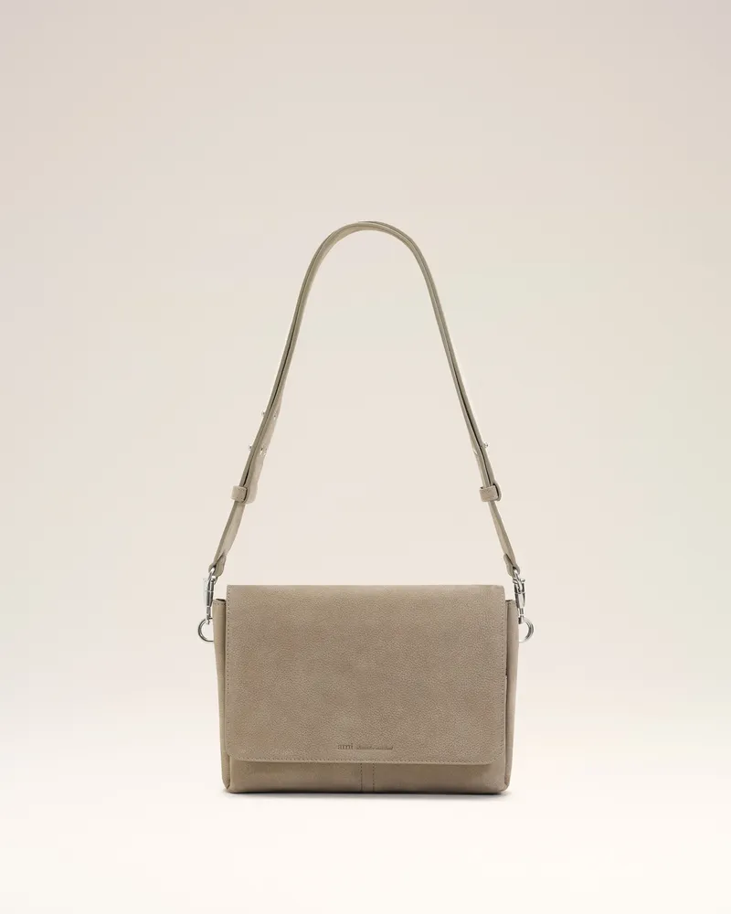 AMI Paris Graue Carrousel Messenger-Tasche mit Überschlag aus Rindsleder Grau Unisex Taupe-grau