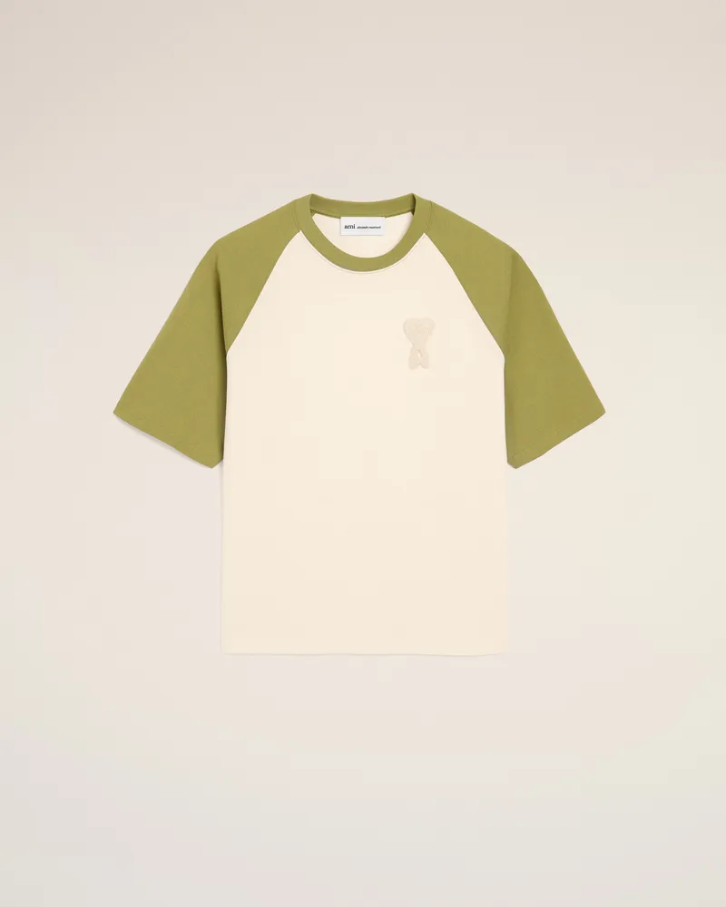 AMI Paris Weiß-grünes Baumwoll-T-Shirt mit gestricktem Ami De Coeur Aufnäher Weiß Unisex Cremeweiss
