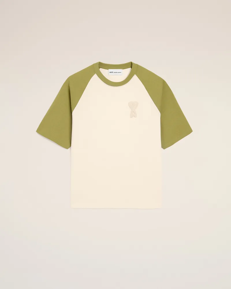 AMI Paris Weiß-grünes Baumwoll-T-Shirt mit gestricktem Ami De Coeur Aufnäher Weiß Unisex Cremeweiss