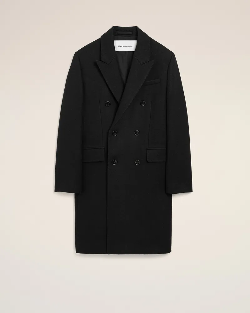 AMI Paris Schwarzer Wollmantel mit doppelter Knopfleiste Schwarz für Damen Schwarz