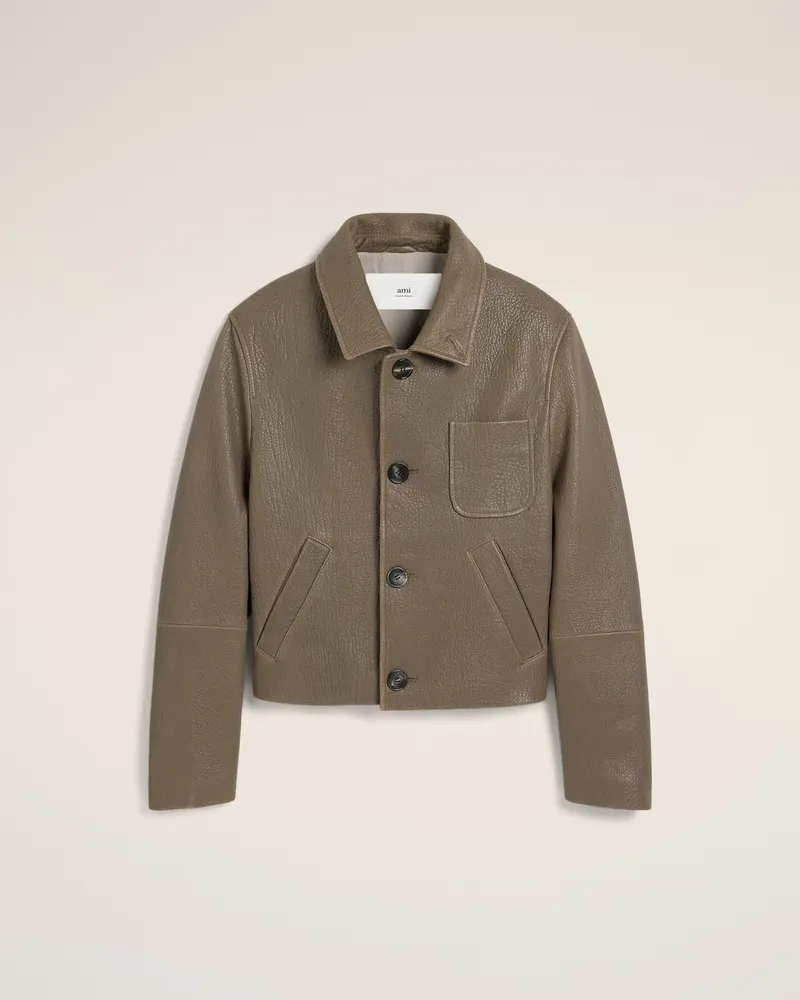 AMI Paris Lederjacke mit Knöpfen in Taupe Grau Unisex Smoke