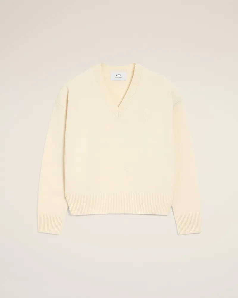 AMI Paris Ami De Coeur Pullover mit V-Ausschnitt aus Wolle in Weiß Weiß Unisex Ivory