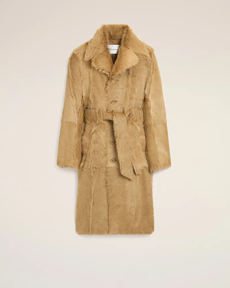 AMI Paris Langer beigefarbener Mantel aus Ziegenleder mit Gürtel Beige - Größe Unisex Beige