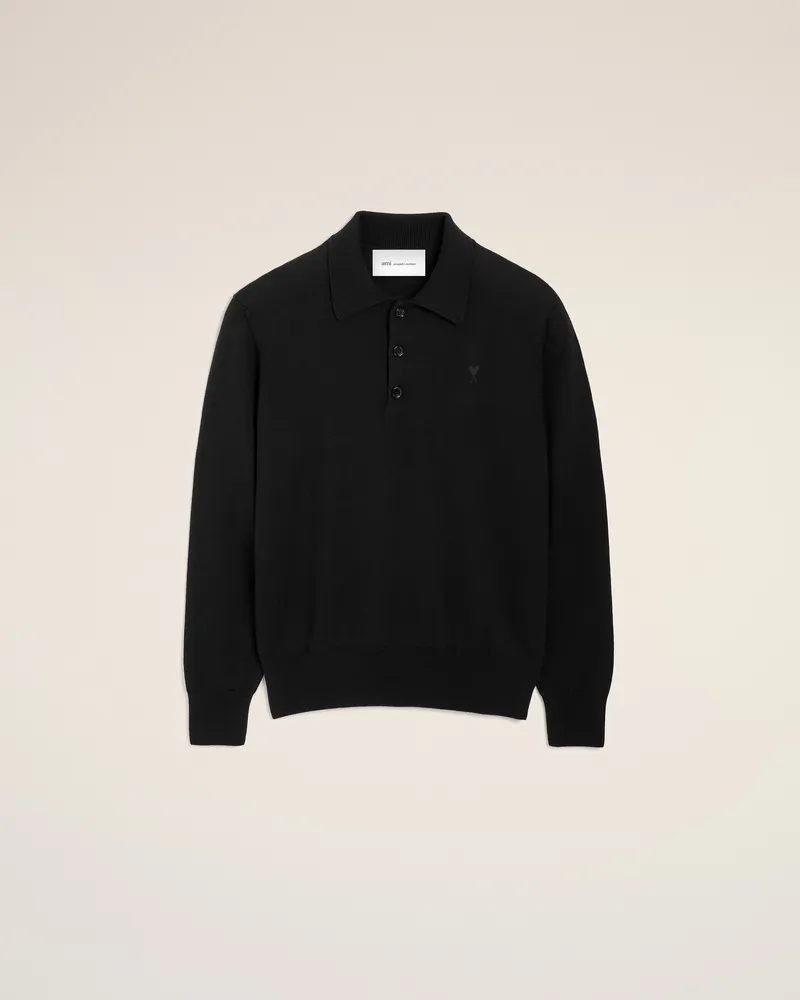 AMI Paris Ami de Coeur Poloshirt aus schwarzer Wolle Schwarz für Herren Schwarz