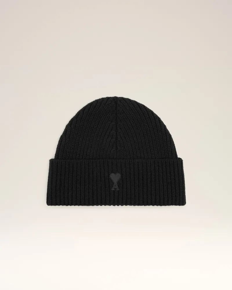 AMI Paris Ami De Coeur Mütze aus schwarzer Wolle Schwarz Unisex Schwarz