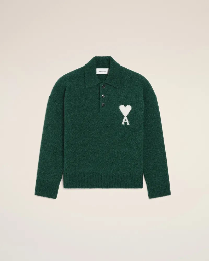 AMI Paris Ami de Coeur Poloshirt aus grüner Alpakawolle Grün Unisex Flaschengrün