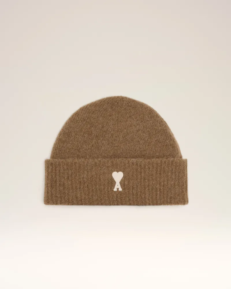 AMI Paris Gestreifte Ami De Coeur Mütze aus brauner Alpakawolle Braun Unisex Hazelnut