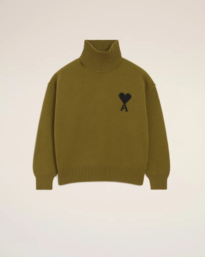 AMI Paris Ami De Coeur Pullover mit hohem Stehkragen aus Wolle in Khaki Grün Unisex Bronze