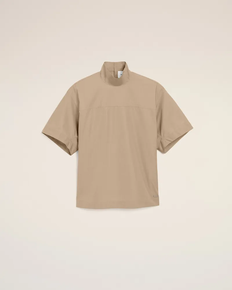 AMI Paris Beiges Baumwoll-T-Shirt mit Stehkragen und Knöpfen Beige für Damen Taupegrau