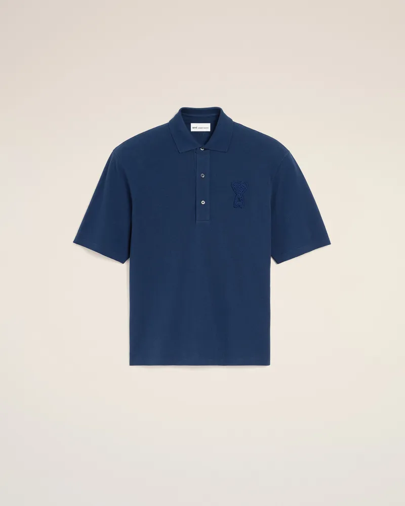 AMI Paris Blaues Baumwoll-Polohemd mit gestricktem Ami De Coeu Aufnäher Blau Unisex Tinte