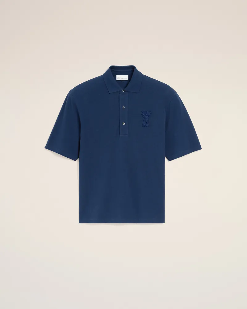 AMI Paris Blaues Baumwoll-Polohemd mit gestricktem Ami De Coeu Aufnäher Blau Unisex Tinte