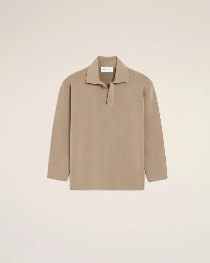 AMI Paris Beigefarbenes Langarm-Polohemd aus Wolle Beige für Herren Taupegrau